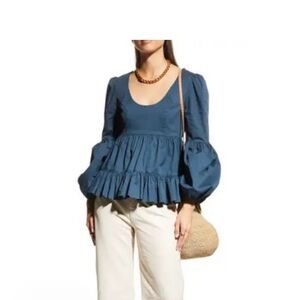 Cinq à Sept Blouse Small Women's Tiered Puff Sleeve Slate Blue Rose Cotton Blend